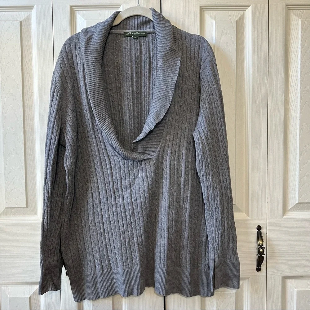 Eddie Bauer Women’s Size 2XL Cable Knit Shawl V Neck Pullover Sweater Grey